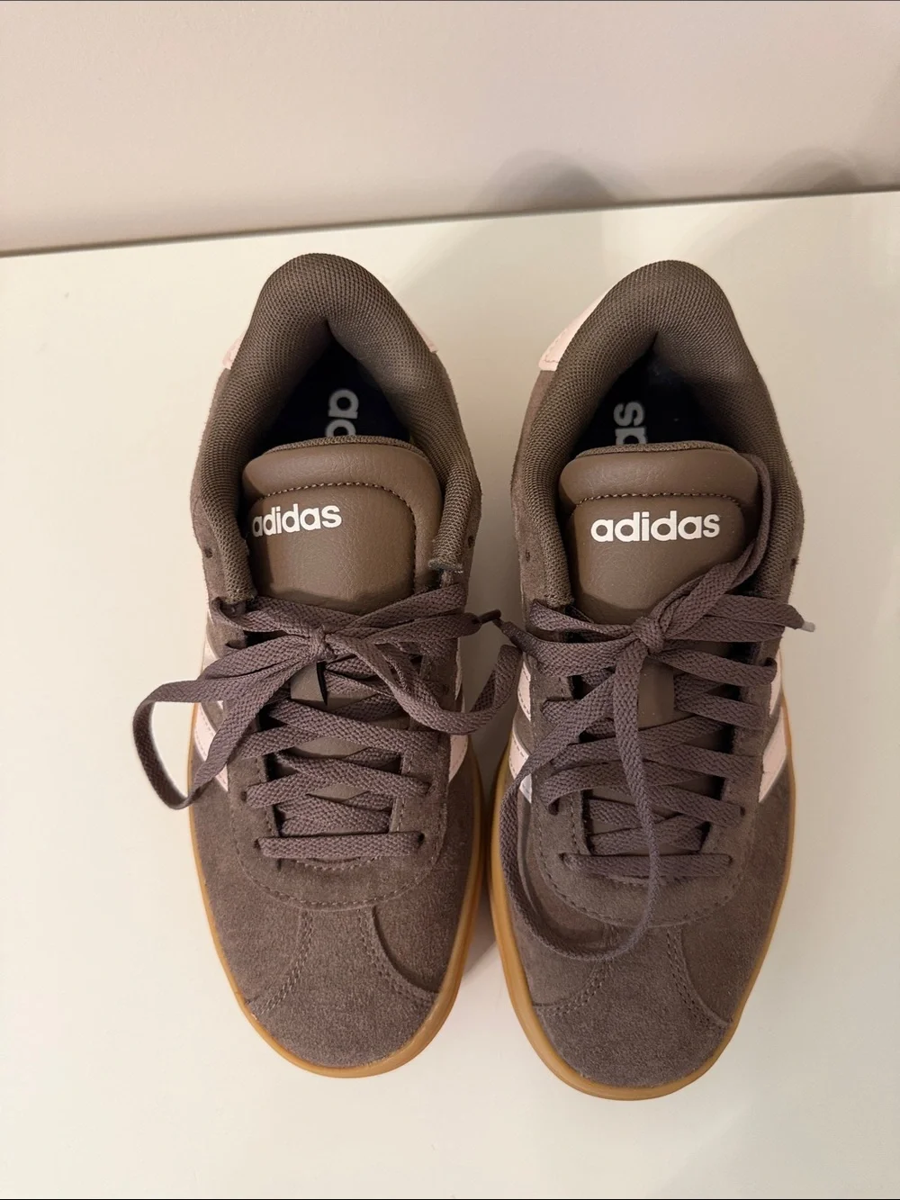 adidas Women’s Brown Suede Platform Sneakers with Pink Stripes and Gum Sole.